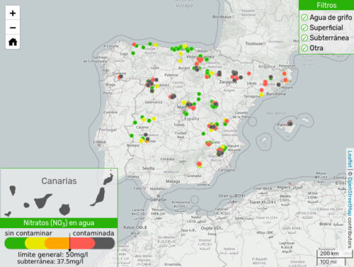 Captura de pantalla de mapa de contaminación del agua por nitratos