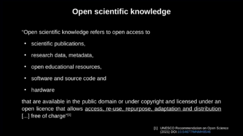 Diapositiva de la charla Free Software and Open Science