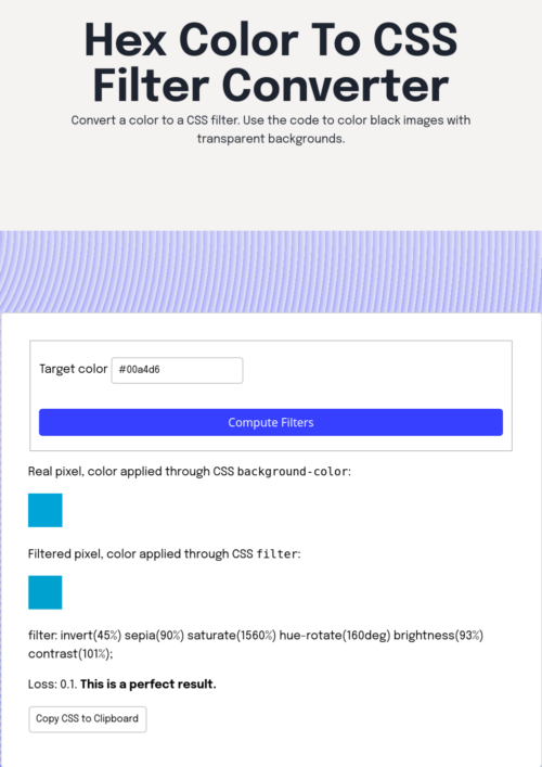 Captura de pantalla de Hex Color To CSS Filter Converter