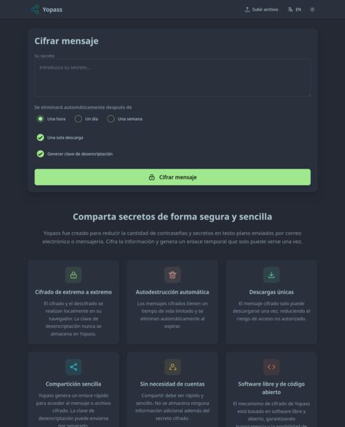 Captura de pantalla de yopass.se