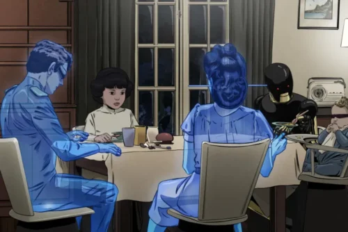 Una niña está sentada a la mesa, cenando. Sentados con ella, un robot, un bebé y los hologramas de dos adultos.