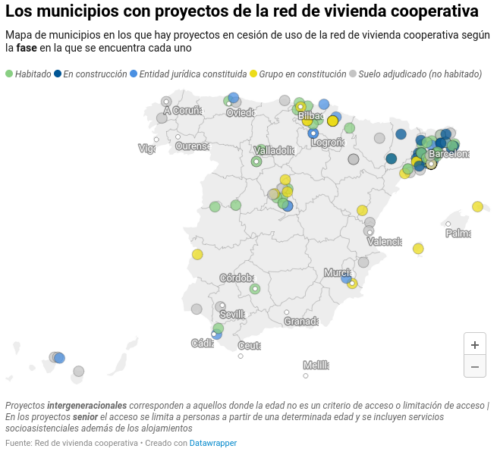 Mapa de municipios en los que hay proyectos en cesión de uso de la red de vivienda cooperativa según la fase en la que se encuentra cada uno